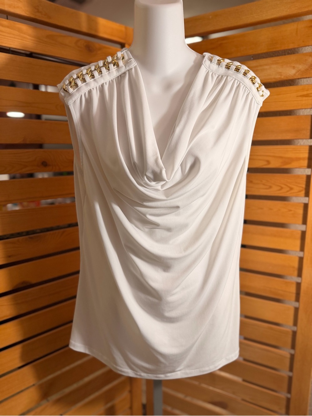 White Draped Cowl Neck Top with Gold Chain Detail